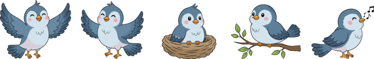 Blue bird cartoon, character sequence, bird actions, nest scene, singing bird, branch perch, cute illustration, kids art, nature theme, storytelling