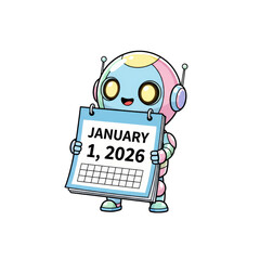 Cartoon robot holding a calendar page displaying January 1st 2026 with transparent spacing