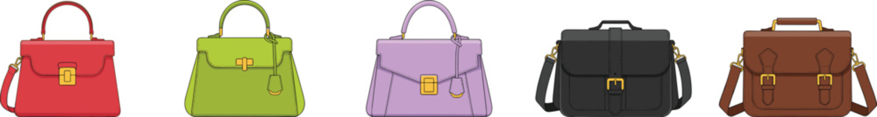 Handbag collection, fashion accessories, red purse, green bag, lavender clutch, black shoulder bag, brown satchel, stylish design, leather, elegant