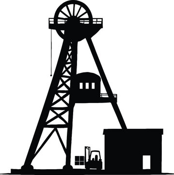 Black Silhouette of a Coal Mine Headframe with Forklift and Building Isolated on White Background in Detailed Illustration