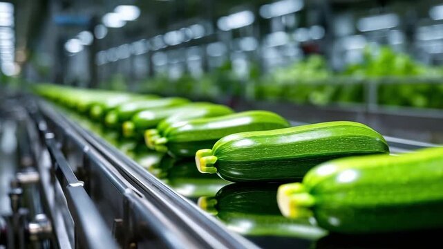 Fresh cucumbers lined up on a conveyor belt in a food processing plant.