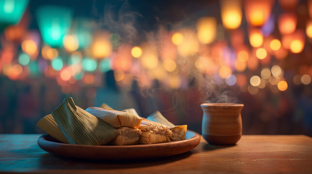 Traditional Mexican food and drink on table with blurred glowing paper lanterns in background at Multicultural Festival of Globos de Cantolla night celebration in vibrant Mexico - Powered by Adobe