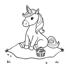 Cute Unicorn Coloring Page – Black and White Line Art for Kids, Printable Fairy Tale Fantasy Illustration