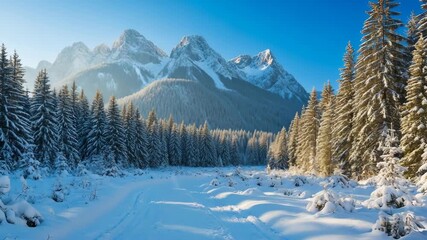 Pristine winter landscape with snowy forest and high mountain peaks under clear blue sky. Scenic winter landscape showing snow covered fir trees in sunlight, highlighting wild beauty and calmness. - Powered by Adobe