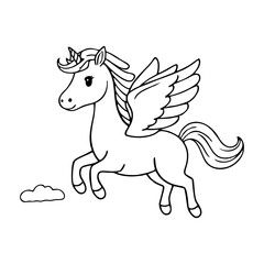 Cute Unicorn Coloring Page – Black and White Line Art for Kids, Printable Fairy Tale Fantasy Illustration