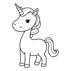 Cute Unicorn Coloring Page – Black and White Line Art for Kids, Printable Fairy Tale Fantasy Illustration