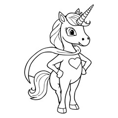 Cute Unicorn Coloring Page – Black and White Line Art for Kids, Printable Fairy Tale Fantasy Illustration