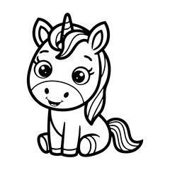 Cute Unicorn Coloring Page – Black and White Line Art for Kids, Printable Fairy Tale Fantasy Illustration