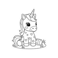 Cute Unicorn Coloring Page – Black and White Line Art for Kids, Printable Fairy Tale Fantasy Illustration