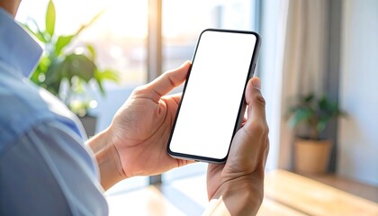 Person holding a smartphone with a blank screen by a window