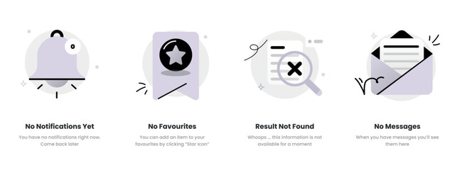 Empty State Illustration Set – No Notifications Yet, No Favourites, Result Not Found, No Messages