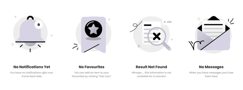 Empty State Illustration Set &ndash; No Notifications Yet, No Favourites, Result Not Found, No Messages