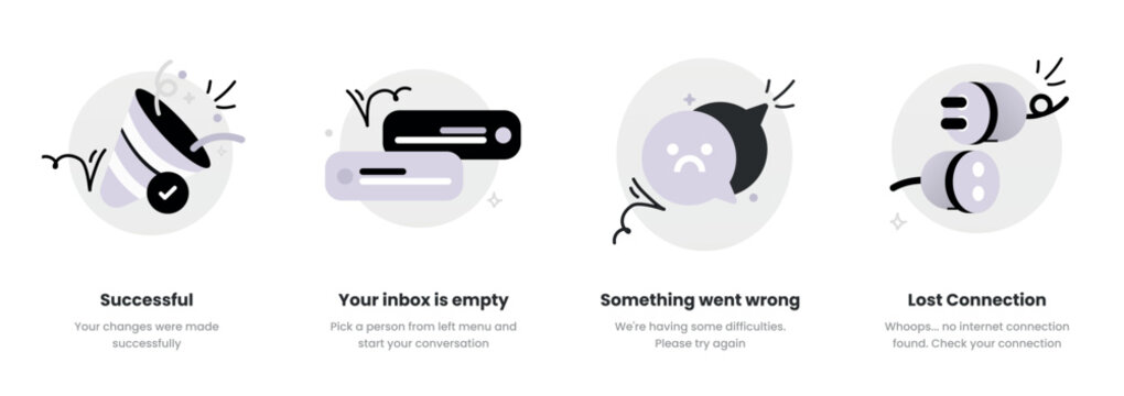Empty State Illustration Set &ndash; Successful, Your Inbox is Empty, Something Went Wrong, Lost Connection