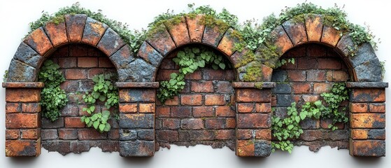 Set of parts of old brick arch wall covered with moss and plants, isolated on white background