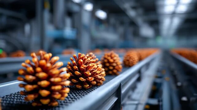 Pine cones on a conveyor belt in an industrial processing facility.