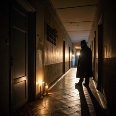 Mysterious Man in Hat and Coat Standing in Dimly Lit Hallway with Candlelight — Noir Atmosphere, Suspenseful Scene