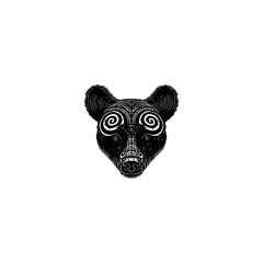A black and white illustration of a bear's head, with spiral eyes and patterned details
