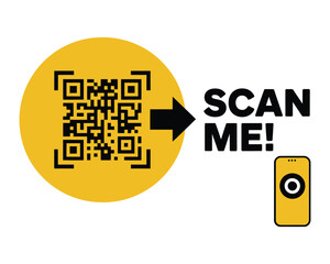 Minimalist digital illustration showing a QR code inside a yellow circle with an arrow pointing to a smartphone and the text 'Scan Me' as a call to action