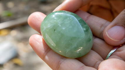Tight shot of a jade pebble held in a miner’s hand, its translucent green surface reflecting dim tunnel light.
