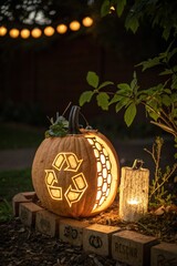 Eco-Friendly Halloween Jack-o'-Lantern with Recycle Symbol Carving, Glowing in Garden at Night with String Lights and Rustic Decor