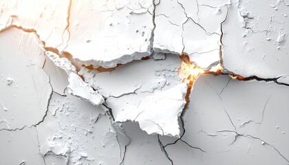 Abstract White Wall Fracture with Fiery Core Destruction Concept Glowing From Deep Within Structural Breakdown High Contrast