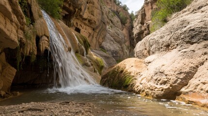 Natural Waterfall Wonders: Flowing Streams, Forested Mountains, and Moss-Covered Rocks in Outdoor Landscapes