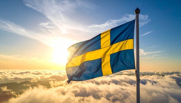 Swedish flag with yellow Nordic cross on blue field, waving at sunset with dramatic sky.