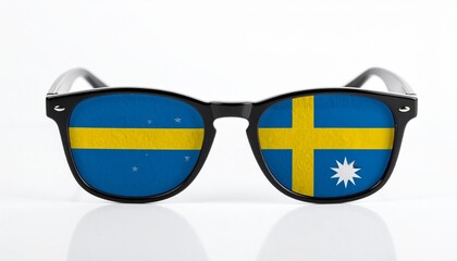Black sunglasses with Swedish flag in lenses, blue field and yellow cross, symbolic fashion accessory.