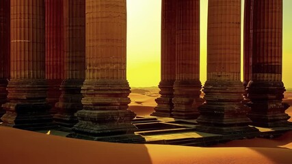 Majestic architecture with large, towering columns creates dramatic, golden glow. grand scale of structure enhances its beauty and power. Towering columns rise into sky, framed by warm, golden light. - Powered by Adobe