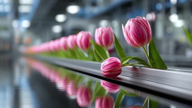 Pink tulips lined up on a shiny conveyor belt in a factory, with reflections along the surface.