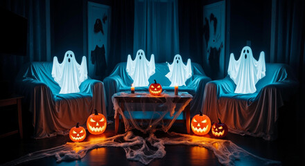 Spooky Halloween party scene with ghost decorations and glowing jack-o'-lanterns in autumn setting