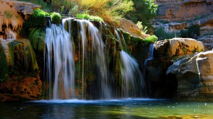 Natural Waterfall Wonders: Flowing Streams, Forested Mountains, and Moss-Covered Rocks in Outdoor Landscapes
