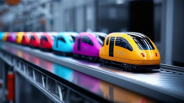 Colorful toy trains lined up on a track, yellow front train leading the line.