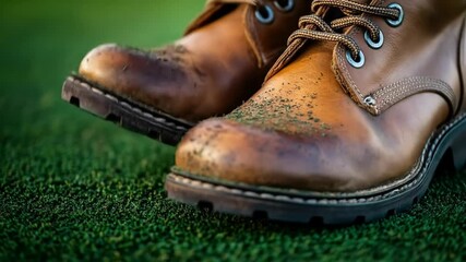 Close up of leather work boots on green surface