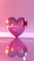Fototapeta premium Shiny pink heart reflecting on a glossy surface, with a soft pink background.