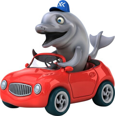 Cute cartoon dolphin driving a small red car isolated on transparent background