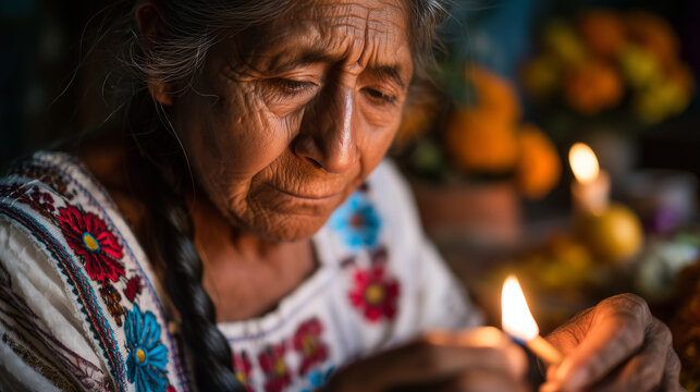 Elderly woman lighting candle during Hanal Pixán festival in Mexico, heartfelt tradition honoring ancestors with prayers, remembrance, and offerings as part of Día de los Muertos heritage