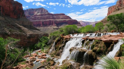 Natural Waterfall Wonders: Flowing Streams, Forested Mountains, and Moss-Covered Rocks in Outdoor Landscapes