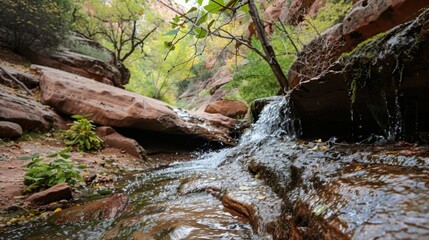 Natural Waterfall Wonders: Flowing Streams, Forested Mountains, and Moss-Covered Rocks in Outdoor Landscapes