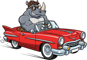 A cute cartoon hippo wearing glasses driving a small red car isolated on transparent background