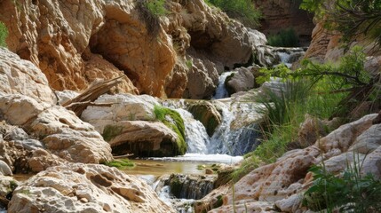 Natural Waterfall Wonders: Flowing Streams, Forested Mountains, and Moss-Covered Rocks in Outdoor Landscapes