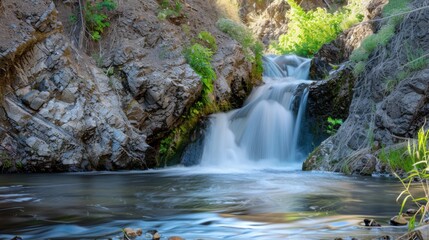 Natural Waterfall Wonders: Flowing Streams, Forested Mountains, and Moss-Covered Rocks in Outdoor Landscapes