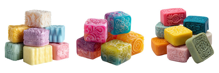 Set of Handmade household soaps in vibrant colors with natural ingredients on transparent png background. Ai generated