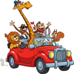 A group of cute cartoon animals riding a red car isolated on a transparent background