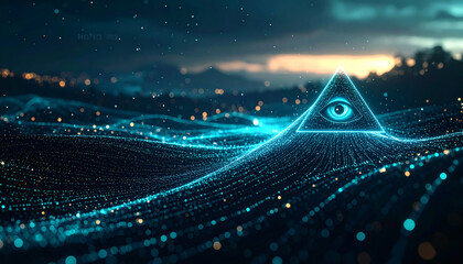 Neon Pyramid Rising from Particle Waves &mdash; Futuristic Tech Background. Data flowing for AGI. Futuristic abstract artwork featuring a glowing neon-teal pyramid emerging from shimmering particle waves