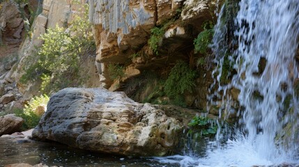 Natural Waterfall Wonders: Flowing Streams, Forested Mountains, and Moss-Covered Rocks in Outdoor Landscapes