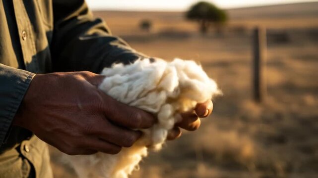 Person inspects raw wool sample in rural setting during golden hour