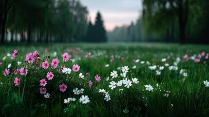 Lush Meadow Filled with Vibrant Pink and White Wildflowers in Soft Morning Light with Green Forest Background