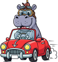A cute cartoon hippo wearing glasses driving a small red car isolated on transparent background