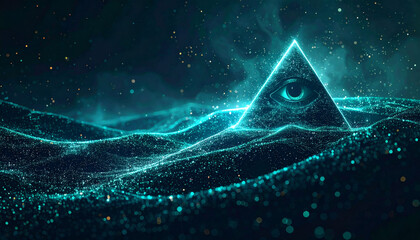 Neon Pyramid Rising from Particle Waves &mdash; Futuristic Tech Background. Data flowing for AGI. Futuristic abstract artwork featuring a glowing neon-teal pyramid emerging from shimmering particle waves